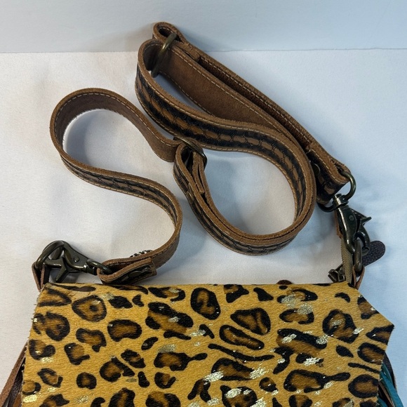 Myra Bag Leopard Print with Teal Fringe Crossbody - Picture 2 of 10